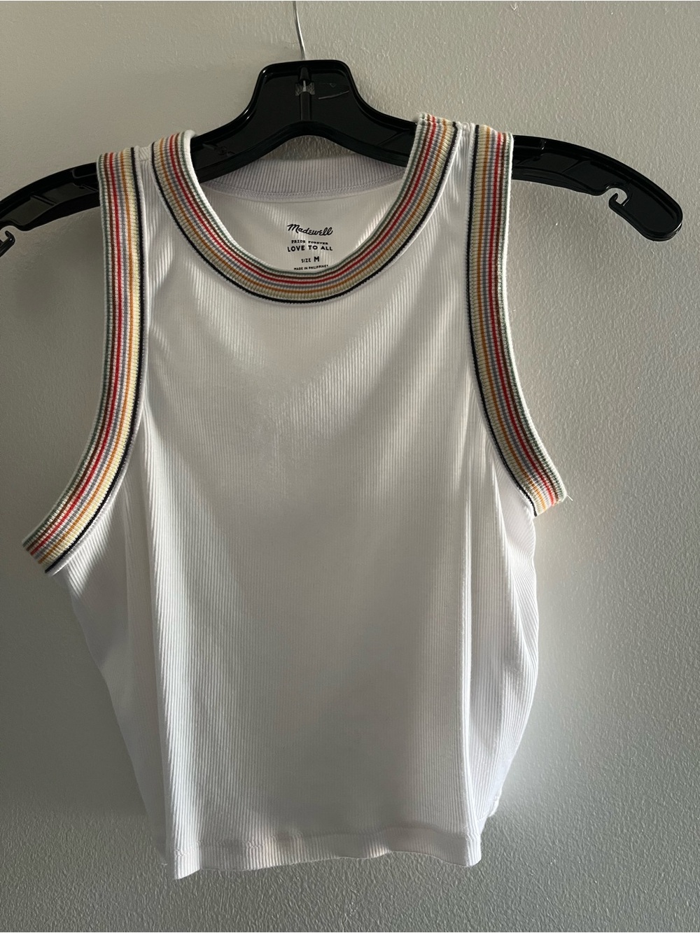 Madewell Cropped White Ribbed Tank with Multicolor Stripe Trim